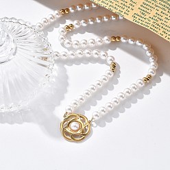 Настоящее золото 18K Ионное покрытие (IP) 304 ожерелья с подвесками в форме цветка из нержавеющей стали, белые пластиковые бусины из жемчуга для женщин, реальный 18 k позолоченный, 16.73 дюйм (42.5 см)