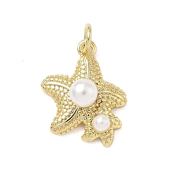 Морская звезда Латунные подвески, с абс пластмассовой имитационной жемчужиной, без кадмия и без свинца, долговечный, стойки покрытие, реальный 18 k позолоченный, с целью перехода в кольце, морская звезда, 19x15x7.5 мм, отверстие : 3 мм