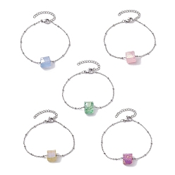 (52) Непрозрачная лаванда Браслеты из гальванического куба с натуральными кварцевыми бусинами, 304 женские браслеты-сателлиты из нержавеющей стали, разноцветные, 7-1/8 дюйм (18 см)