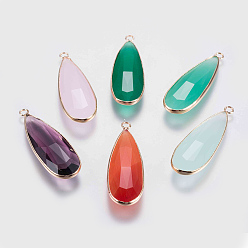 Mixed Color Glass Pendants, with Brass Finding, Faceted, teardrop, Golden, Mixed Color, 43x14x5.5mm, Hole: 2mm