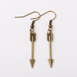Antique Bronze Tibetan Style Alloy Arrow Earrings, with Iron Earring Hooks, Antique Bronze, 49mm, Pin: 0.7mm