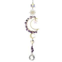 Améthyste Attrape-soleil en perles de verre améthyste naturelle et étoile, avec breloque soleil et lune en laiton, Décoration murale pour la maison et le jardin, 310mm