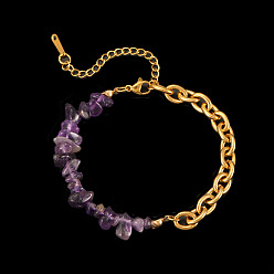 Аметист Повседневные модные браслеты из бусин с натуральным аметистом, 201 женские браслеты-цепочки из нержавеющей стали, золотые, 6.69 дюйм (17 см)