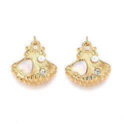 Кремово-белый 304 подвески из нержавеющей стали с кристаллами паве и искусственным жемчугом из АБС-пластика, форма ракушки с сердцем, с целью перехода в кольце, ионное покрытие (ip), реальный 18 k позолоченный, кремово-белые, 19x18x5 мм, отверстие : 2.8 мм