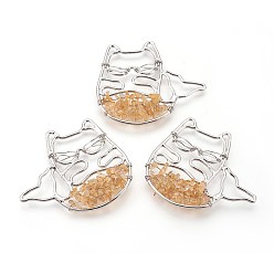 Citrine Natural Citrine Big Pendants, with Brass Findings, Animal, Platinum, 45x50.5x6mm