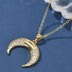 Рог Ожерелья с подвеской из латуни с микропаве и прозрачным кубическим цирконием для женщин, реальный 18 k позолоченный, двойной рог, 17.72 дюйм (45 см), Кулон : 24x24x4 мм