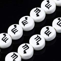 Scorpio Handmade Porcelain Ceramic Beads Strands, Printed, Flat Round with Constellation, Scorpio, 10~11x5mm, Hole: 2mm, about 30pcs/strand, 11.81 inches(30cm)