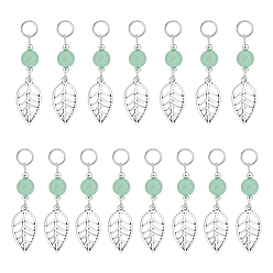 Античное Серебро 4наборы подвесок из сплава в тибетском стиле с листьями, с бусинами из натурального зеленого авантюрина и 304 кольцами из нержавеющей стали., античное серебро, 46x12 мм, отверстие : 6 мм, 40 шт / коробка