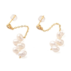 Real 18K Gold Plated Sterling Silver Studs Earrings, with Natural Pearl, Jewely for Women, Real 18K Gold Plated, 63x10mm