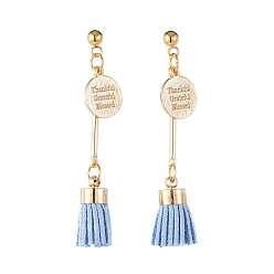 Light Sky Blue Dangle Stud Earrings, with Suede Cord Tassel Pendants, 304 Stainless Steel Stud Earring Findings and Brass Findings, Light Sky Blue, 52mm, Pin: 0.8mm