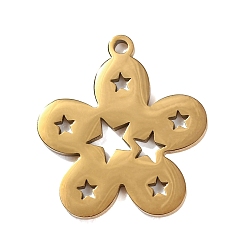 Golden 304 Stainless Steel Pendants, Flower with Star Charms, Hand Polished, Ion Plating(IP), Golden, 22x20x1.4mm, Hole: 1.6mm