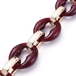 Dark Red Handmade Cable Chains, with Acrylic Linking Rings and CCB Plastic Linking Rings, Imitation Gemstone Style, Oval, for Jewelry Making, Dark Red, Link: 31x26x9mm, 24x15x6.5mm, 39.37 inch(1m)/strand