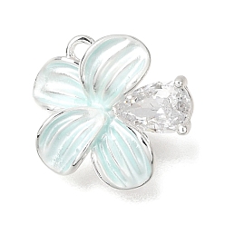 Pale Turquoise Brass Pave Clear Cubic Zirconia Pendants, Flower Charms, Platinum, Pale Turquoise, 12.5x13x4.5mm, Hole: 1.3mm