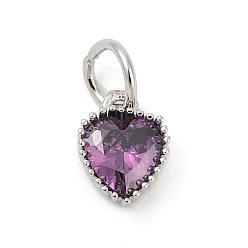 Фиолетовый Латунные микро проложить кубического циркония подвески, сердце прелести, стойки покрытие, долговечный, с целью перехода в кольце, фиолетовые, 9x7x3.5 мм