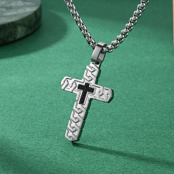 Stainless Steel Color 304 Stainless Steel Woven Religion Cross Pendant Necklaces for Men, Black, Stainless Steel Color, 23.62 inch(60cm)