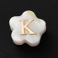Letter K Натуральные белые ракушки, золотые эмалевые бусины с буквами, Письмо K, 8x4.5 мм, отверстие : 0.8 мм