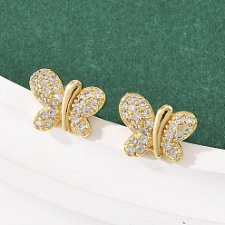 Бабочка Серьги-гвоздики из латунного микро-паве, стойки покрытие, долговечный, без кадмия и без свинца, реальный 18 k позолоченный, бабочка, 9.5x12.5 мм