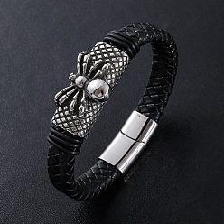 Античный Серебристый & Цвет Нержавеющей Стали Браслеты из плетеного шнура из искусственной кожи в стиле панк, 304 Браслеты с подвесками в виде пчел из нержавеющей стали для мужчин, с магнитной застежкой, старинное серебро и цвет нержавеющей стали, 8.27 дюйм (21 см)