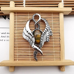Tiger Eye Natural Tiger Eye Pendants, with Antique Silver Zinc Alloy Finding, Wing Charms, 52x35x9mm
