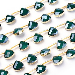 Темно-Зеленый Непрозрачное стекло бисер нитей, сверху просверленные бусы, с фурнитурой латунной золотого тона, гальваническое покрытие, граненые, слеза, темно-зеленый, 12x13x6 мм, отверстие : 1 мм, около 10 шт / нитка, 7.16 дюйм (18.2 см)