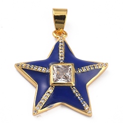 Темно-Синий Латунные микропаве прозрачные подвески с фианитом, с эмалью, долговечный, реальный 18 k позолоченный, звезда, темно-синий, 25.5x24.5x5 мм, отверстие : 3.5x5.5 мм