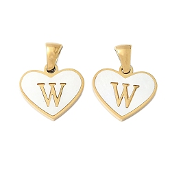 Letter W 304 сердце из натуральной белой ракушки из нержавеющей стали с подвесками в виде инициалов, ионное покрытие (ip), золотые, Буква W, 14x16x2 мм, отверстие : 4.5x3 мм