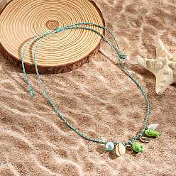 Лайм Летний пляж фарфоровая рыбка и натуральная ракушка каури подвеска регулируемые ожерелья из хлопкового шнура, желто-зеленые, 31.50 дюйм (80 см)
