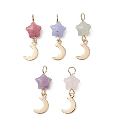 Смешанные камни Подвески в форме звезд из синтетического голубого кружевного агата, натурального розового кварца, родонита, зеленого авантюрина и лепидолита, 201 из нержавеющей стали амулеты луна, золотые, 22x7.5x4 мм, отверстие : 2.5 мм