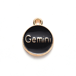 Gemini Alloy Enamel Pendants, Cadmium Free & Lead Free, Flat Round with Constellation, Light Gold, Black, Gemini, 22x18x2mm, Hole: 1.5mm