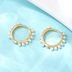 Настоящее золото 18K Круглые серьги-кольца из латуни и АБС-пластика с имитацией жемчуга., без кадмия и без свинца, долговечный, стойки покрытие, реальный 18 k позолоченный, 14.5x16.5x2 мм