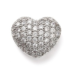 Платина Латунные микро проложить кубического циркония бусы, сердце, стойки покрытие, долговечный, без свинца и без кадмия, платина, 12x14x8 мм, отверстие : 4x2 мм