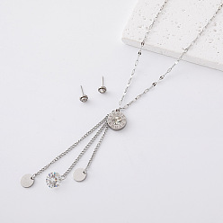 Stainless Steel Color 304 Stainless Steel Stud Earrings & Clock Disc Tassel Necklaces Sets for Women, Stainless Steel Color, 15.75 inch(40cm)