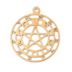 Настоящее золото 18K 201 подвески из нержавеющей стали, лазерная резка, пентаграмма с фазой луны и талисманом созвездия, реальный 18 k позолоченный, 39.5x35x1 мм, отверстие : 2 мм