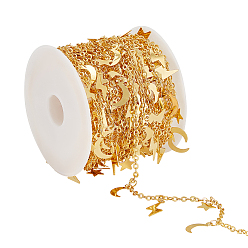 Golden Brass Cable Chains, with Moon & Star & Lightning Charms, Unwelded, with Spool, Golden, 11x5.5x0.1mm, 8x7x0.1mm, 14x6x0.1mm, 16.4 Feet(5m)/roll