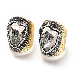 Серый Натуральные друзы агатовые манжеты, широкая полоса кольца, открытые кольца, с полимерной глины горный хрусталь и золотые металлизированные выводы из латуни, чеканный, граненые, серые, размер США 8~8 1/2 (18~18.5 мм)