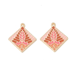 Pink Стойки обшивки сплава эмали подвески, ромб с подвеской в виде листа, без кадмия, без никеля и без свинца, розовые, 28x25x2 мм, отверстие : 1.5 мм