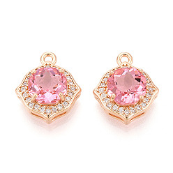 Ярко-Розовый Латунные микро проложить кубического циркония подвески, четырехугольный, золотой свет, ярко-розовый, 16x13.6x6.1 мм, отверстие : 1.4 мм
