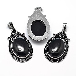 Black Agate Oval Antique Silver Zinc Alloy Natural Black Agate Big Pendants, Nickel Free & Lead Free, 53.5x30x10mm, Hole: 4.5x8.5mm