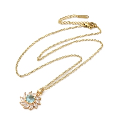 Pale Turquoise Brass Micro Pave Cubic Zirconia Flower Pendant Necklaces for Women, 201 Stainless Steel Cable Chain Necklaces, Pale Turquoise, 15.94 inch(40.5cm)