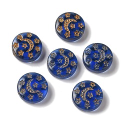 Королевский синий Прозрачные бусины лэмпворк, плоский круглый с луной и звездами, королевский синий, 13x5 мм, отверстие : 1 мм, Около 70~82 шт / 100 г