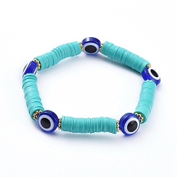 Средний Бирюзовый Сглаз стрейч браслеты, Браслеты из бисера хеши из полимерной глины ручной работы, со смоляными бусинами и проставками из сплава, средне бирюзовый, 2-1/2 дюйм (6.3 см)
