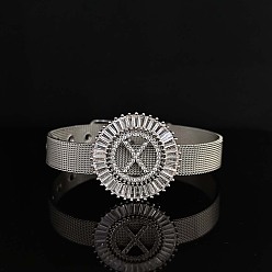 Letter X Латунные браслеты с микропаве из прозрачных кубических цирконий для женщин, плоские круглые с буквы, платина, Письмо X, 8-1/4 дюйм (21 см)