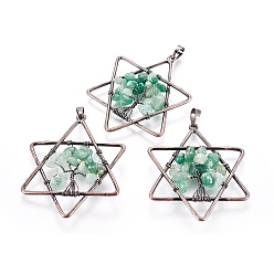 Green Aventurine Natural Green Aventurine Pendants, with Brass Findings, Star, Red Copper, 52x43x5~6mm, Hole: 5x8mm