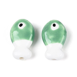 Темный Морско-зеленый Ручной фарфоровые керамические шарики, рыба, Famille выросли стиле, темно-зеленый, 19x11.5x6.5 мм, отверстие : 2 мм