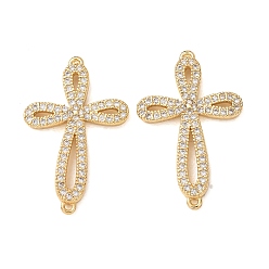 Real 18K Gold Plated Brass Micro Pave Clear Cubic Zirconia Connector Charms, Cross Links, Rack Plating, Long-Lasting Plated, Cadmium Free & Lead Free, Real 18K Gold Plated, 26x16.5x2.5mm, Hole: 0.6mm