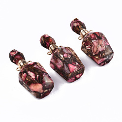 Hot Pink Assembled Synthetic Bronzite and Imperial Jasper Openable Perfume Bottle Pendants, with Light Gold Brass Findings, Dyed, Hot Pink, Capacity: 1ml(0.03 fl. oz), 41~42x17~18x17~18mm, Hole: 1.8mm