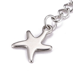 Stainless Steel Color 304 Stainless Steel Chain Extender, Curb Chain, with 202 Stainless Steel Charms, Starfish, Stainless Steel Color, 60~71mm, Link: 3.7x3x0.5mm, Starfish: 11x8.5x0.6mm