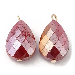 Коричневый Имитация нефрита стеклянные подвески, с золотыми латунными петлями, граненые, слезинки, коричневые, 22~23x13x7.5~9 мм, отверстие : 1.5~2 мм