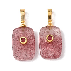 Клубничный Кварц Натуральные кварцевые подвески из клубники, прямоугольные подвески с латунной микропаве кубическими цирконами, золотые, 25x13x5 мм, отверстие : 7x4 мм
