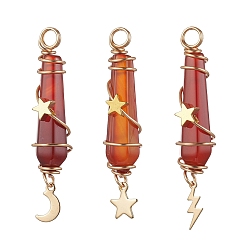 Красный Агат 3 шт. 3 стили натуральный сердолик заостренный медная проволока обернутый граненый пуля большие подвески, металлические подвески в виде луны, звезды, молнии, золотые, 49.5~50.5x10~11x11~12 мм, отверстие : 3.5 мм, 1 шт / стиль